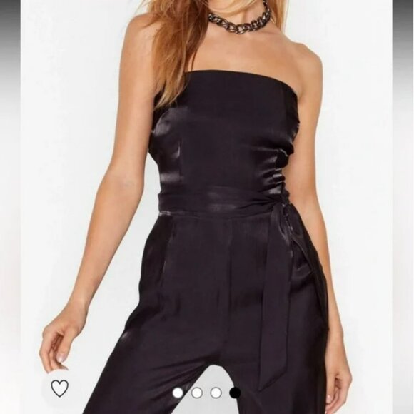 Nasty Gal Black Satin Belted Strapless Jumper Jumpsuit with Ties Size 4 - Picture 4 of 16